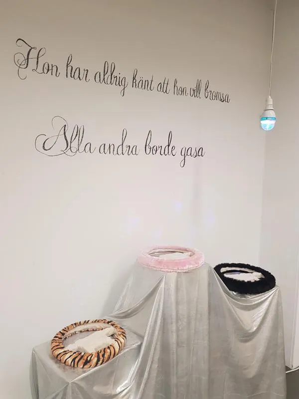 installation med keramiska skulpturer, tyg, discobelysning